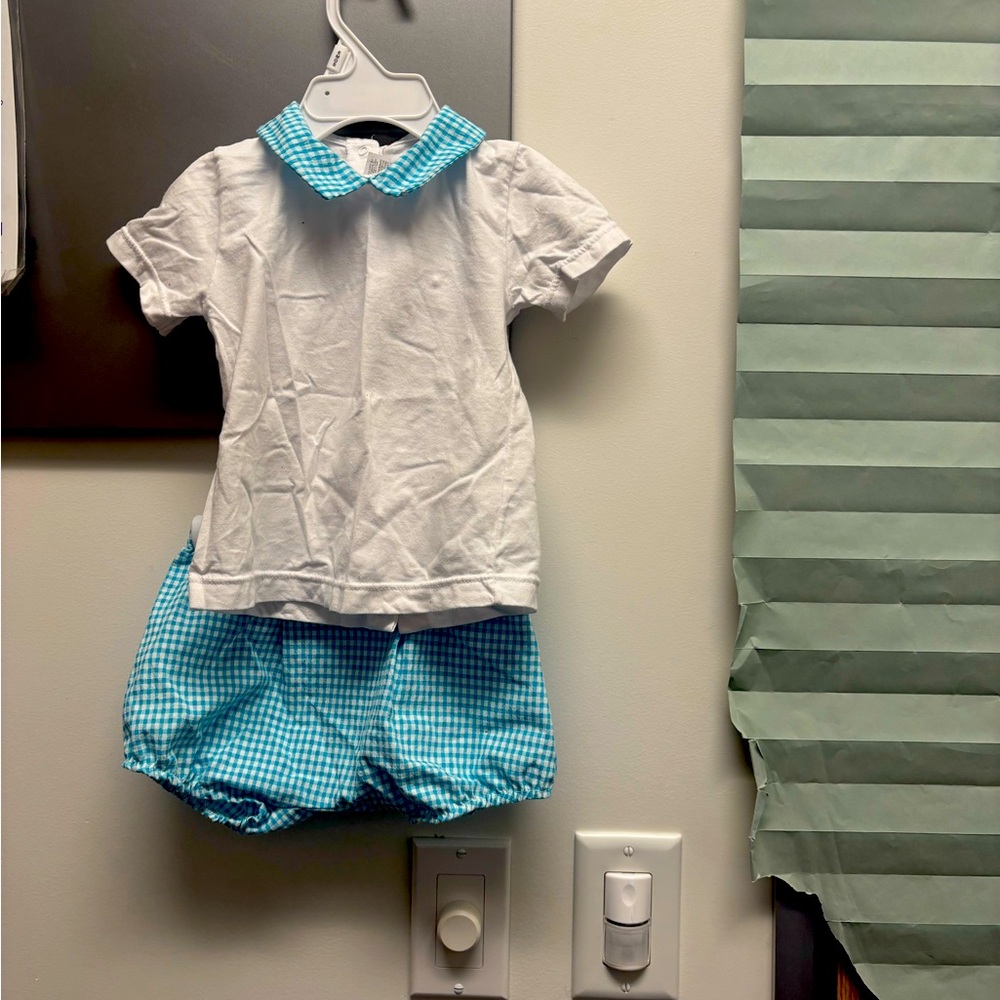 Rapife 18mo little boy collared shirt and bloomers in turquoise.